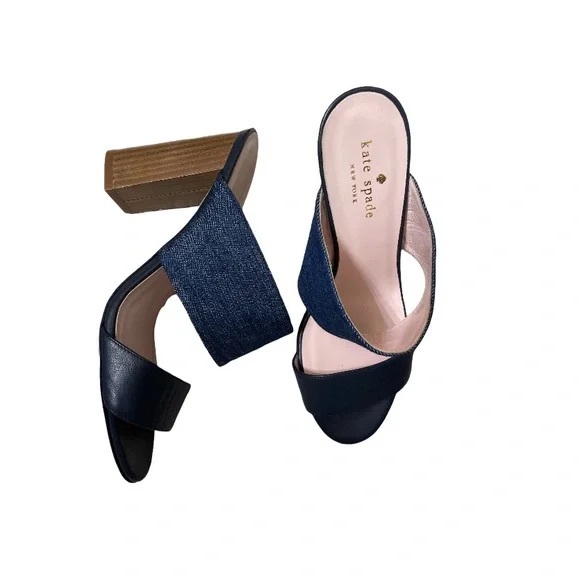 kate spade Shoes - Kate Spade New York Denim Block Heel Mule Sandals Two Strap Wood Heel Size 9